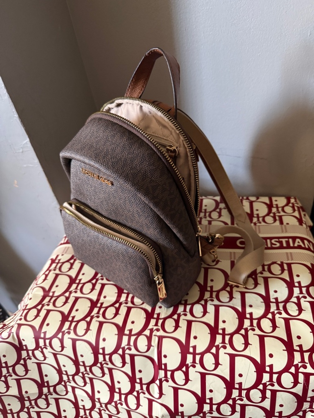 Michael Kors Brown Monogram Mini Backpack with Tan Straps - Picture 2 of 9